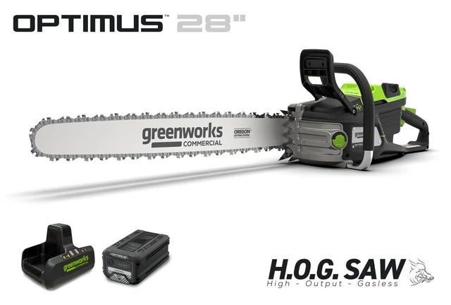 Greenworks OPTIMUS 82V 5.0kw 28" HOG Chainsaw Kit with CORE530 Battery & DP Charger | OCS800-C5DP-28