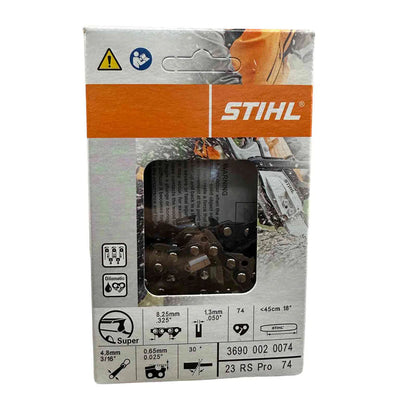 STIHL 23 RS Pro 74 chainsaw chain in its original retail packaging, featuring a silver and orange box with a clear window showing the chain inside.