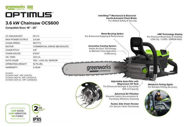 Greenworks OPTIMUS 82V 3.6kw 20" Chainsaw Kit with CORE400 Battery & DP Charger (OCS600-C4DP-20)