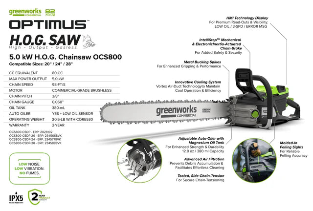 Greenworks OPTIMUS 82V 5.0kw 24" HOG Chainsaw Kit with CORE530 Battery & DP Charger (OCS800-C5DP-24)