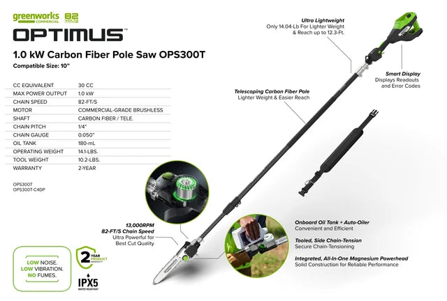 Greenworks OPTIMUS 82V 10" Polesaw with Carbon Fiber Shaft | OPS300T