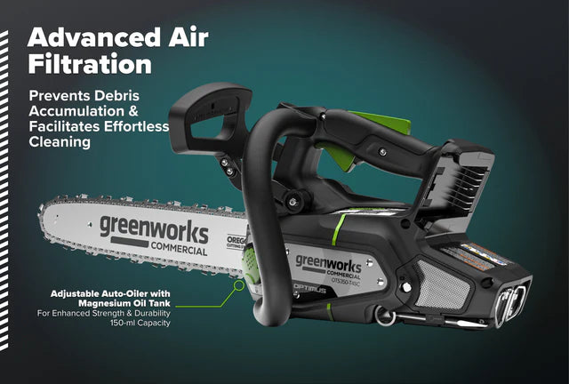 Greenworks OPTIMUS 48V 12" Top-Handle Chainsaw Powerhead, 48V 4 Ah Battery, 5A Charger (OTS350-T4SC-12)