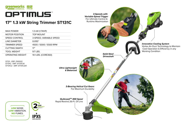 Greenworks Optimus 82V Top mounted 1.3kW String Trimmer Kit (ST131CB)