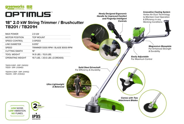 Greenworks OPTIMUS 82V 2.0 kW Bike Handle String Trimmer Kit | TB201H-C4DP