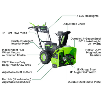 Greenworks 82V Dual Stage Snow Thrower with (3) 6Ah Batteries and Dual Port Charger | 82SN24D-63DP | Arns Equipment Calgary