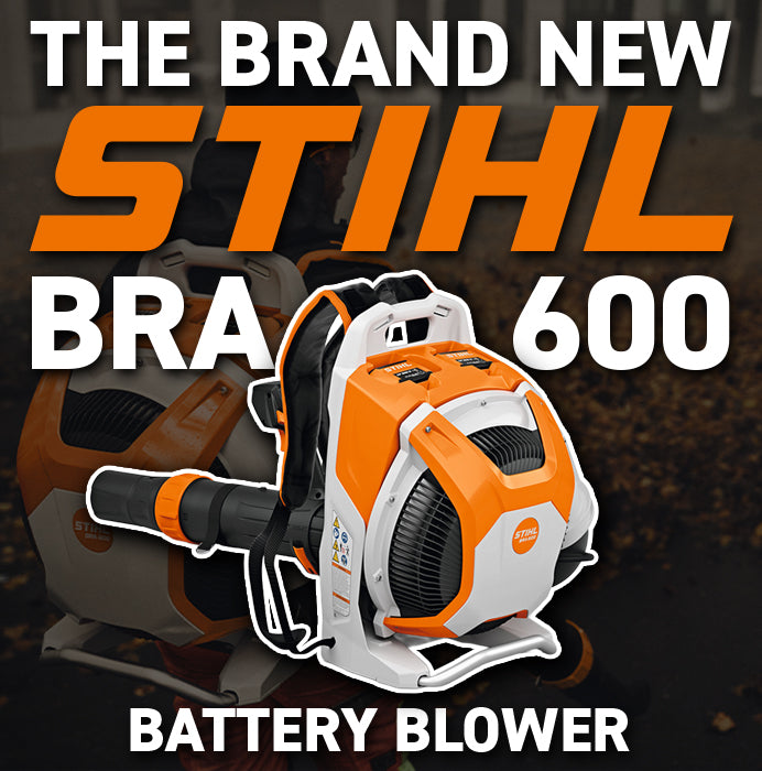 Stihl battery blower with text highlighting brand and model on a dark background