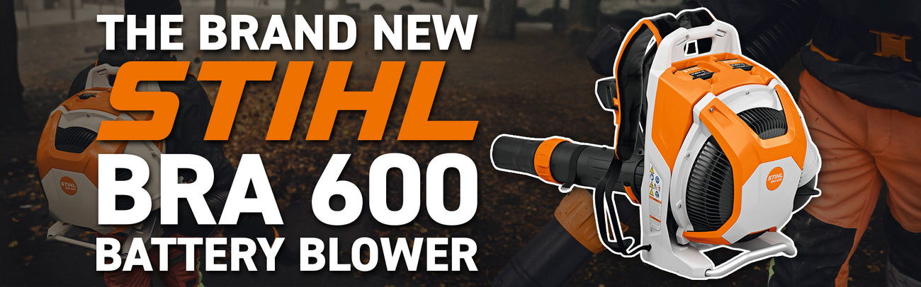 Stihl BRA 600 battery blower with branding and product details on a dark background