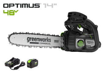 Greenworks OPTIMUS 48V 14" Top-Handle Chainsaw Powerhead, 48V 4 Ah Battery, 5A Charger (OTS350-T4SC-14)