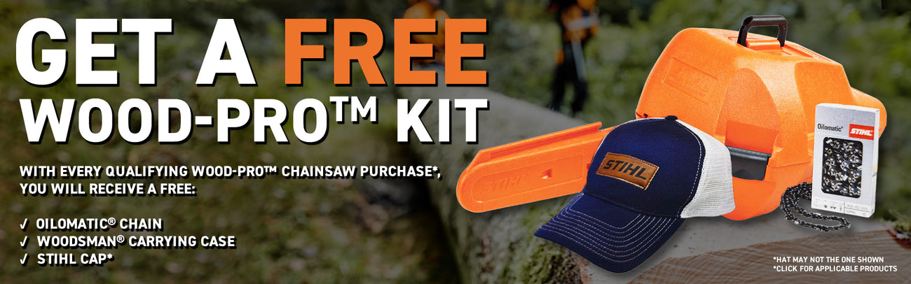 Promotional banner for a free Wood-Pro kit with Stihl products, including a cap and carrying case.