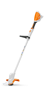 A STIHL FSA57U trimmer with an orange and gray color scheme, featuring a loop handle and a cutting head at the end.